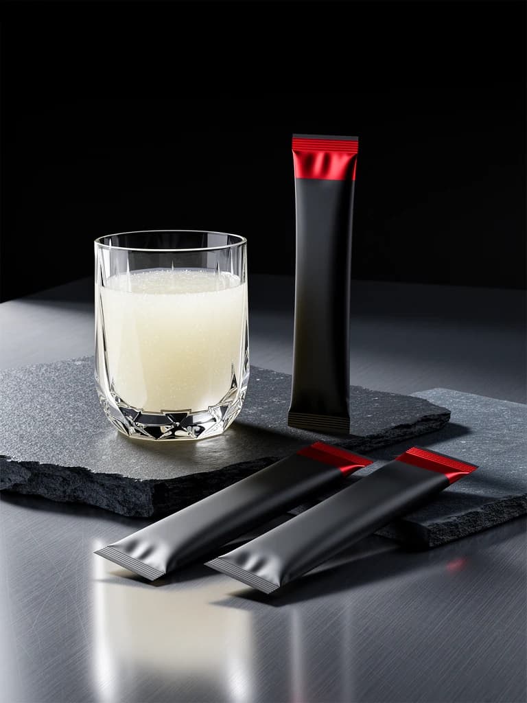 Editorial still life of a recovery drink and unbranded stick pack silhouettes on charcoal stone