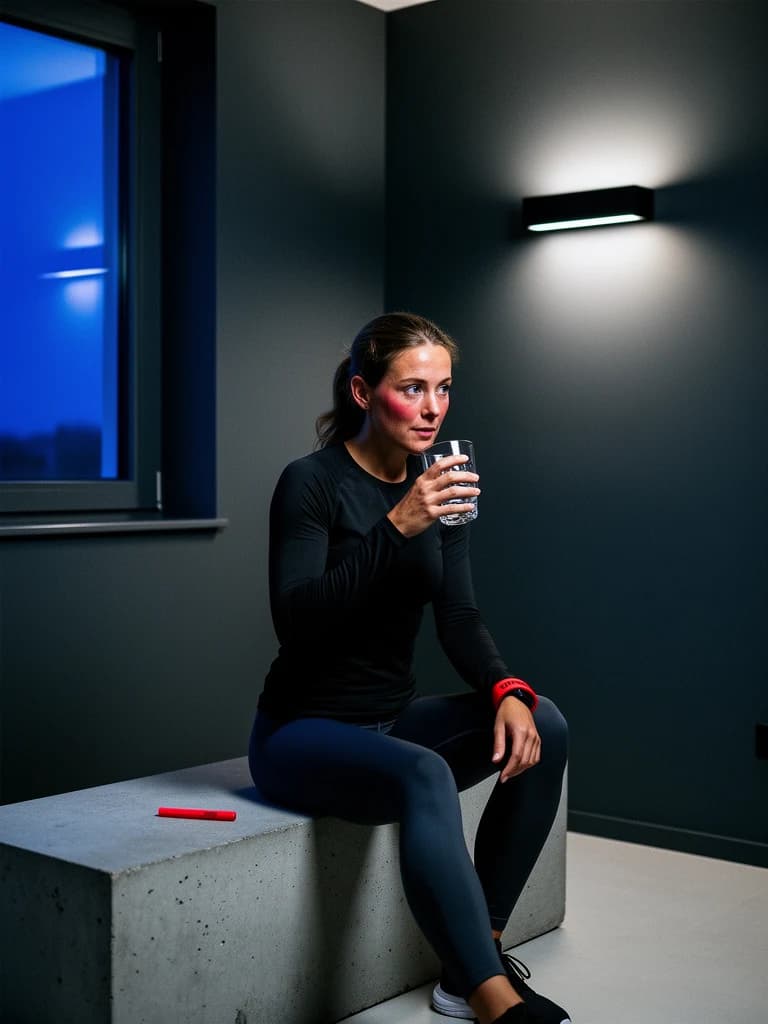 Athlete drinking a recovery drink during a quiet evening wind-down