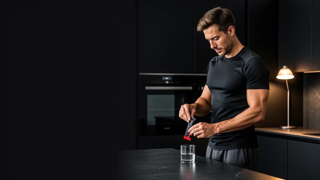 Athlete mixing a recovery drink after training in low evening light