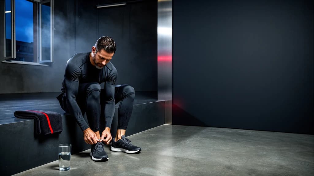 Athlete unlacing running shoes after training during a quiet recovery reset